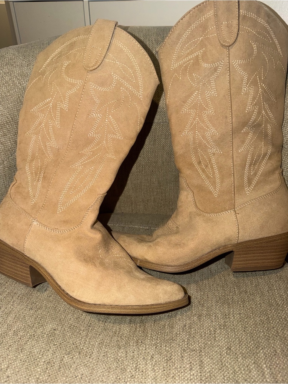 Suede Western Mid-Calf Boots in Beige